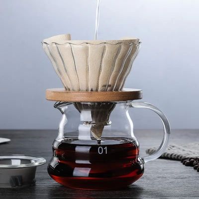 600 ml Partagez une cafetière en verre goutte à goutte avec poignée en bois résistante à la chaleur Versez sur la cafetière