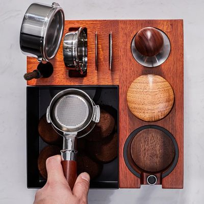 Outils de café de restaurant Multifonctionnel Boîte de frappe en bois avec support en acier inoxydable 58mm