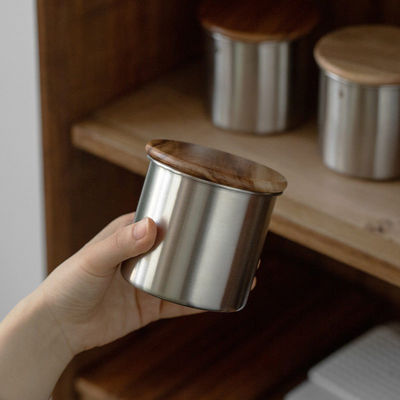 11/12/13/14cm Tailles Moderne conception d'acier inoxydable de stockage sous vide Canister couvercle en bois pour les grains de café Céréales de thé
