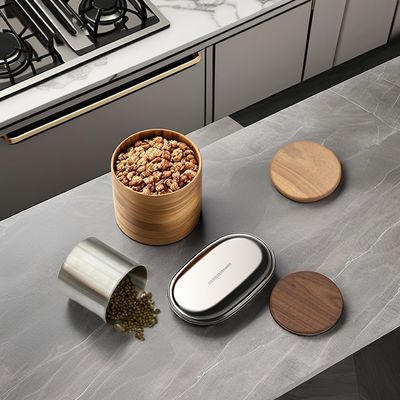 11/12/13/14cm Tailles Moderne conception d'acier inoxydable de stockage sous vide Canister couvercle en bois pour les grains de café Céréales de thé
