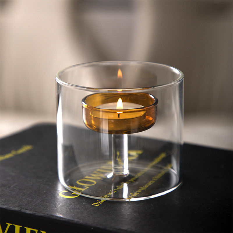 Porte-lampe à thé en verre transparent avec couvercle Élégante et romantique Bouteille en métal cylindrique