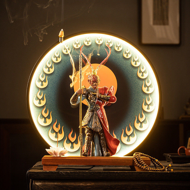 Sculpture de décoration intérieure 2024 Soleil en céramique noire Wukong Porteur d'encens avec lumière LED