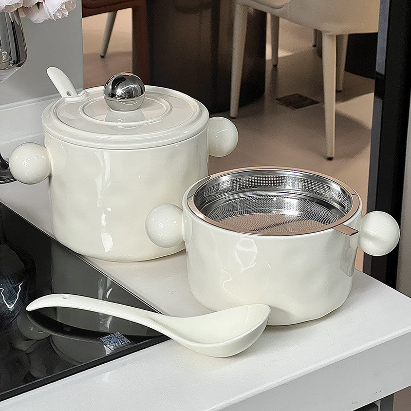 Besoins d'impression Design d'oreille double Bouteille de nouilles en céramique en forme de cœur blanc avec couvercle en acier inoxydable