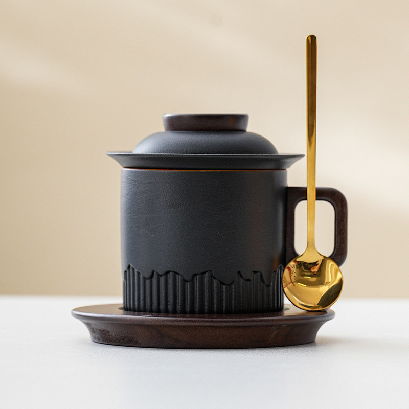 Coupe en céramique à poignée en bois à glaçure en dégradé pour le style traditionnel japonais Café Thé Espresso Boîte cadeau lait