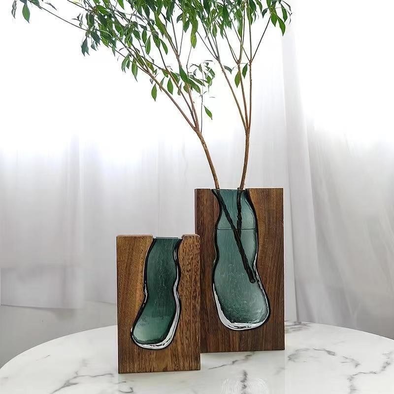 Vase en verre vert foncé Floral Tabletop Décoration pour le bureau ou la chambre à coucher chinois moderne
