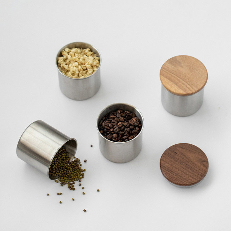11/12/13/14cm Tailles Moderne conception d'acier inoxydable de stockage sous vide Canister couvercle en bois pour les grains de café Céréales de thé