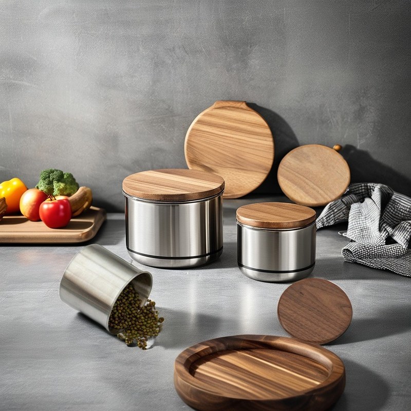 Bouteille de stockage de nourriture séchée de 11 cm en acier inoxydable Canister de café sous vide avec couvercle en bois pour la cuisine