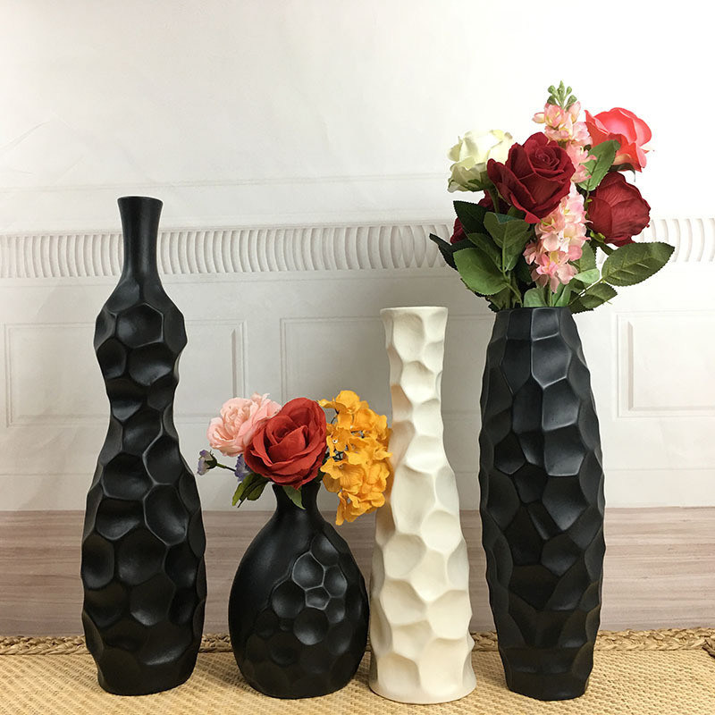 Vase de fleurs en pierre céramique mince de 16 pouces de hauteur en blanc gris mat pour pot de table