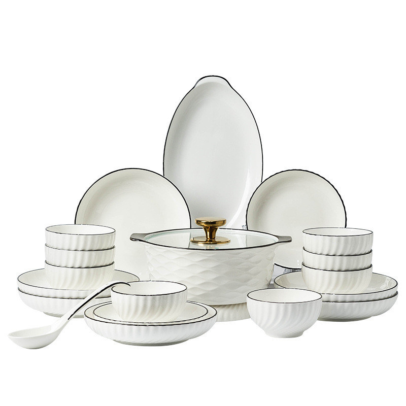 Hôtel Restaurant Salle à manger Vaisselle de table céramique Porcelaine blanche Plate de bol ensemble avec bord noir Style de design contemporain