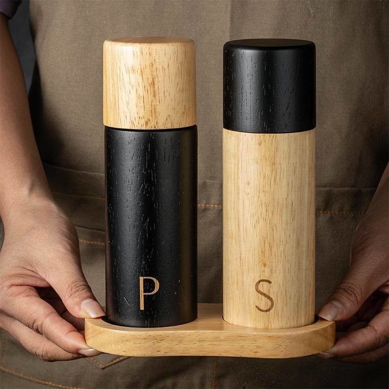 Logo personnalisé réglable 7 pouces de chêne de bois Sal et poivre moulin ensemble avec noyau en céramique